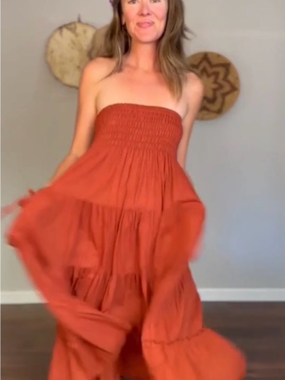 Cotton Flower Bohemian Tiered Pocket Skirt in Rust - Picture 2 of 9